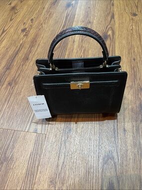 Coach Black Leather Top-Handle Satchel with Brown Textured Handle